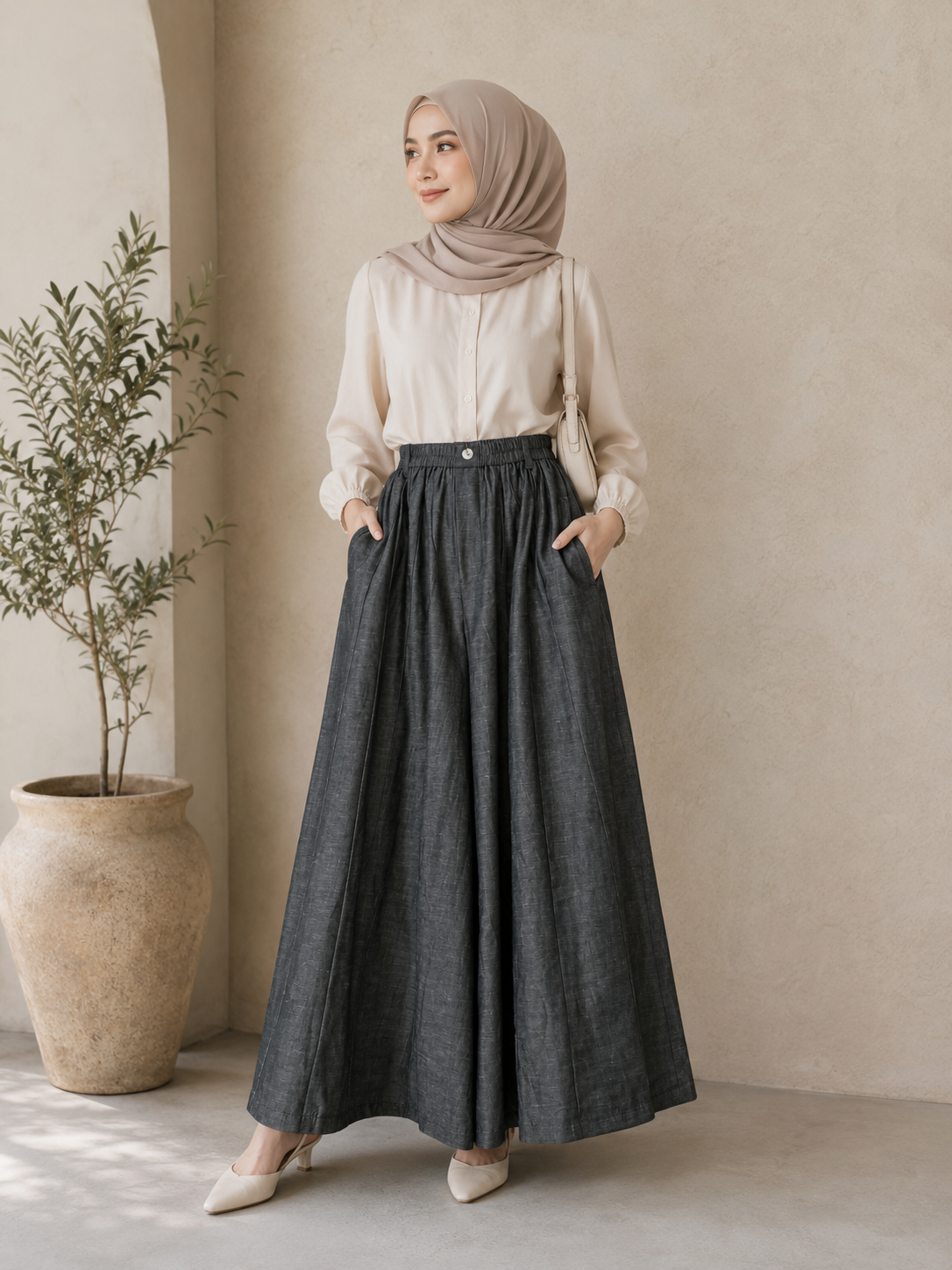 Chambray Wide-Leg Pants