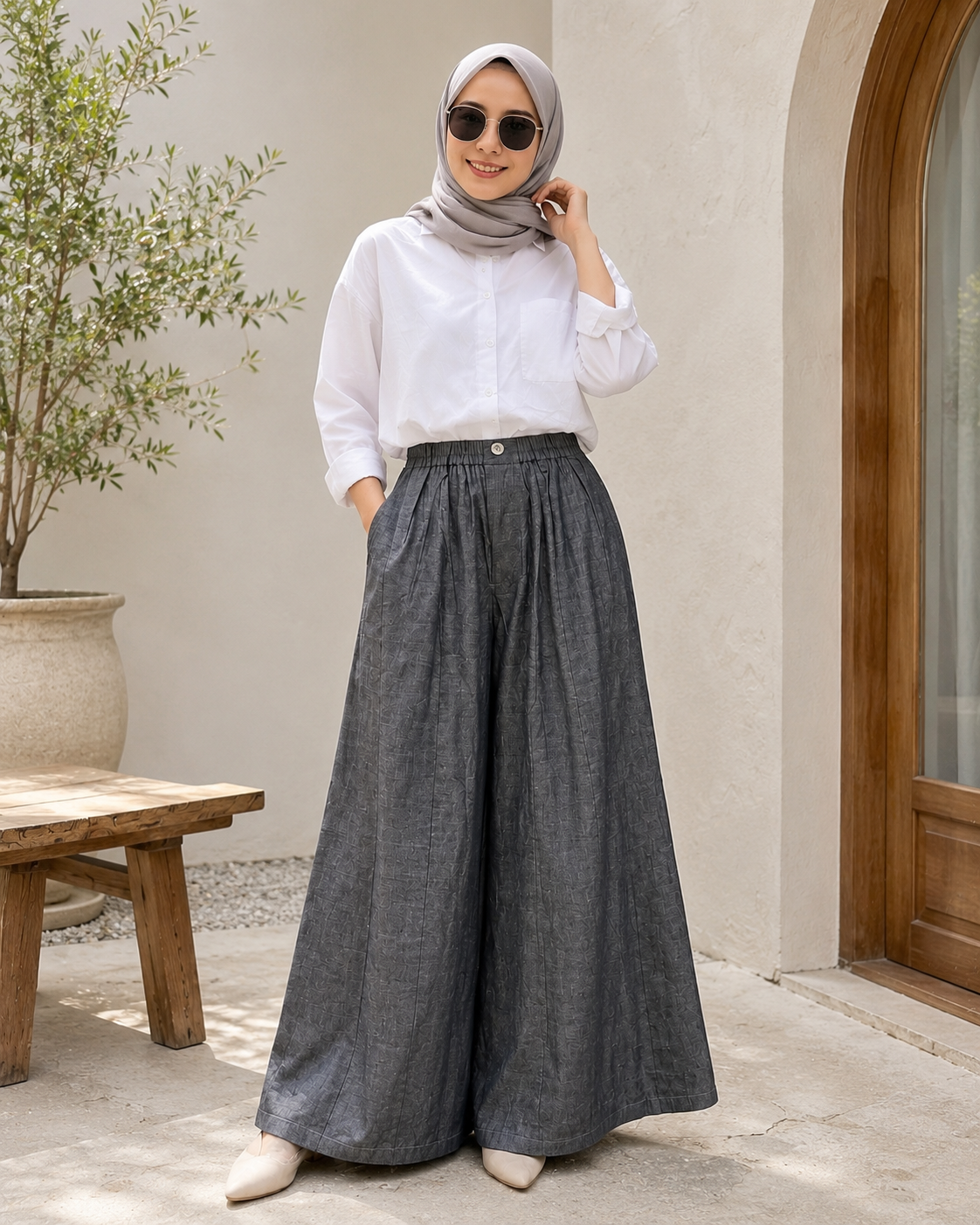 Chambray Wide-Leg Pants