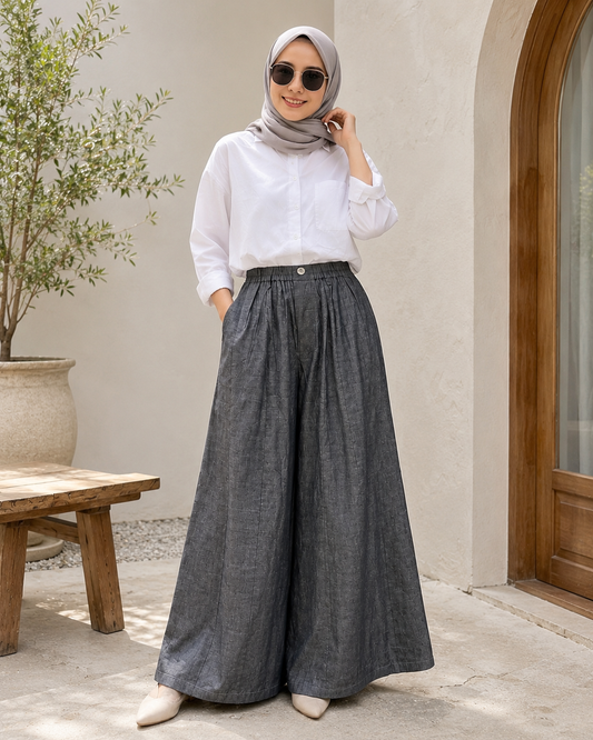 Chambray Wide-Leg Pants